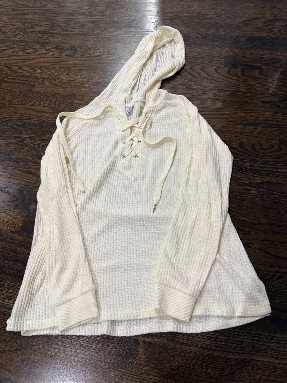 Women’s Cream Hooded Lace-Up Waffle Knit Top